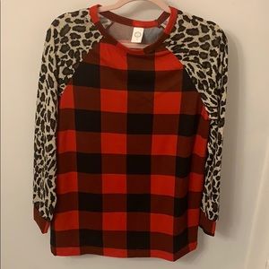 Buffalo Plaid Top with leopard/cheetah arms